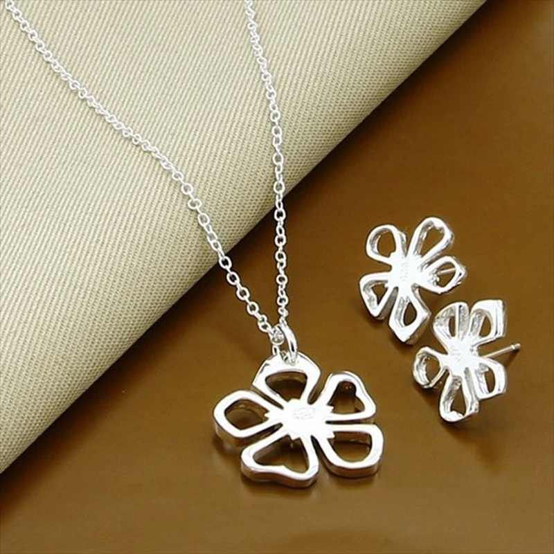 925 Sterling Silver Love Shape Necklace Ring & Ear Stud Set