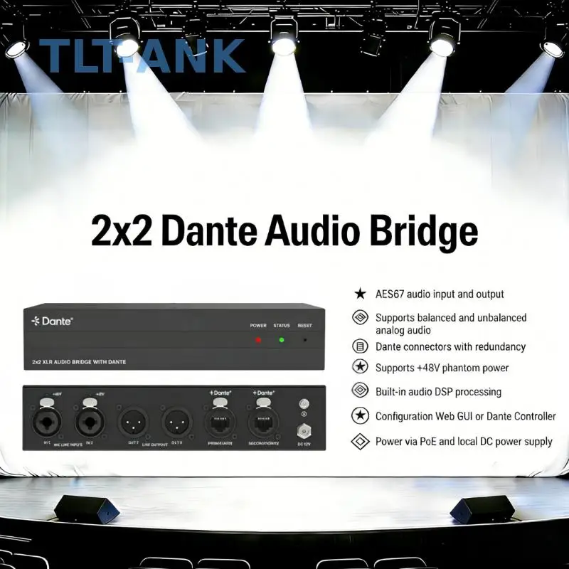 

2x2 Dante Audio Bridge XLR Analog to Digital Converter With DSP PoE+ 48V Phantom Power XLR 2 in 2 out Dante Network Bridge