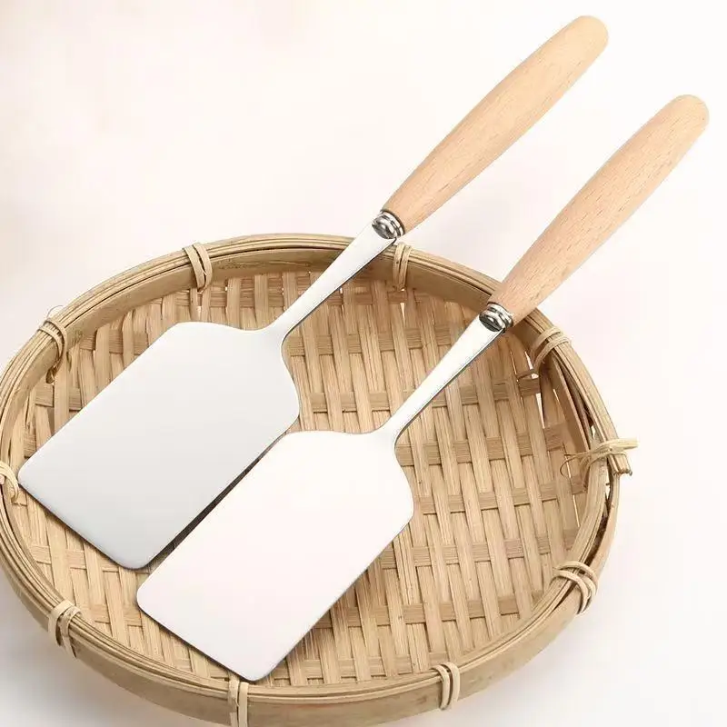New Stainless Steel Square Head Steak Cooking Spatula Wood Handle Pizza Shovel Pancake Beef Scraper BBQ Utensils For Kitchen