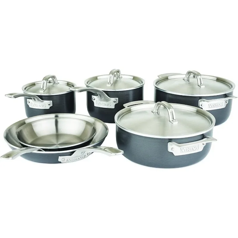 Viking Culinary 5-Ply Hard Stainless Cookware Set, 10 Piece, Hard Anodized Exterior, Dishwasher, Oven Safe