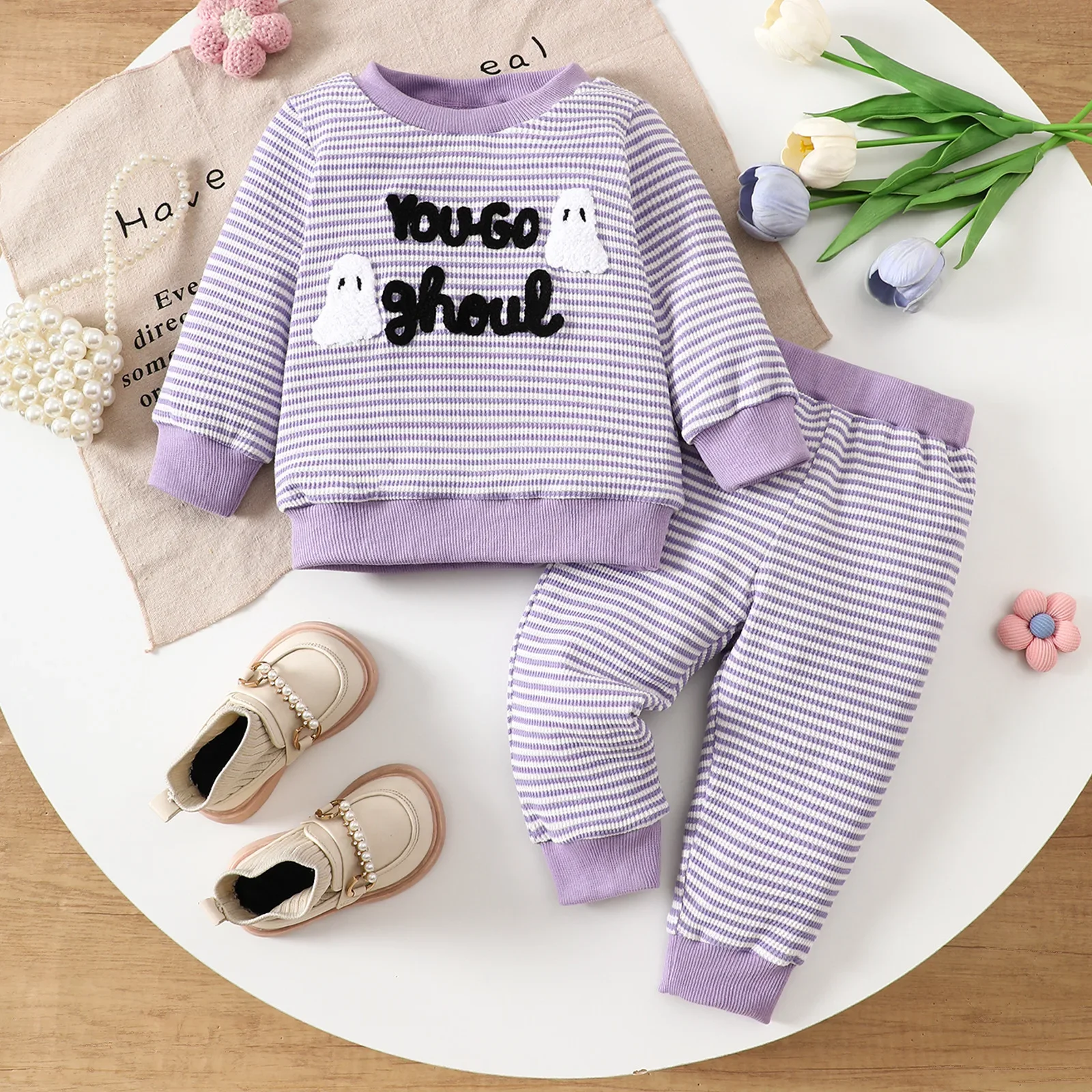 2025 Autumn Newborn Halloween Baby Boys Girls Clothes Ghost Embroidery Long Sleeve Top and Pants Homewear Set