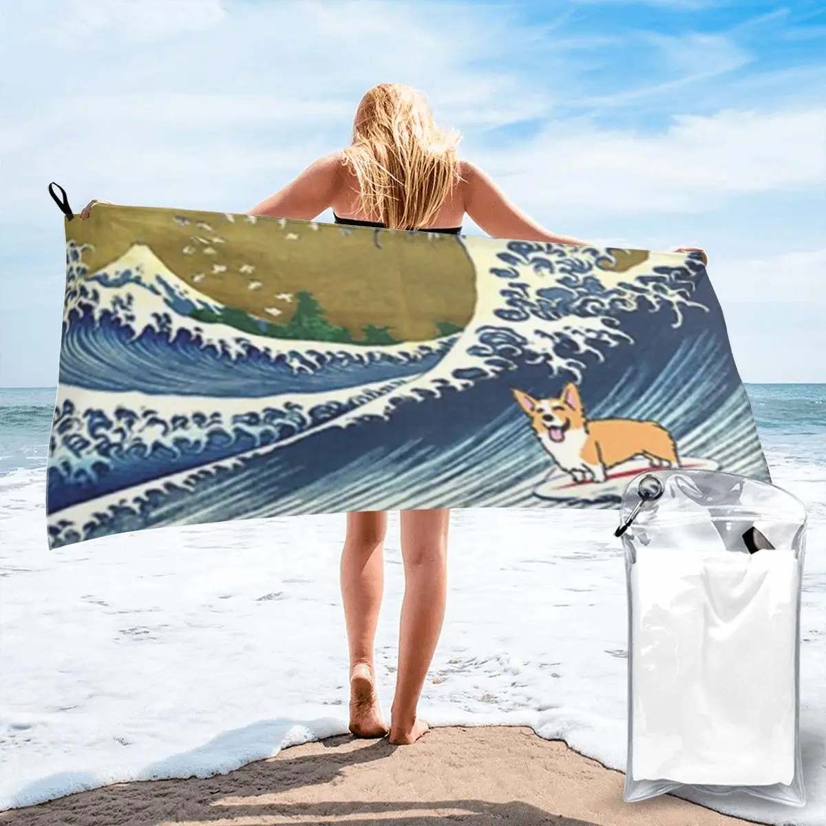 Corgi Dog Surfing The Great Wave Beach Towel Soft Microfiber Quick Dry Absorbent Quick Towels For Pool