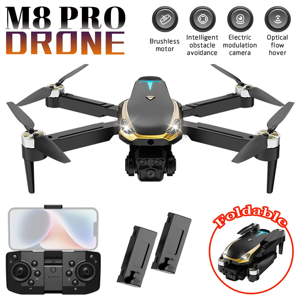 M8 PRO Brushless Motor Drone with 2 Battreys, Intelligent Obstacle Avoidance, Optical Flow,  360-degree rolling, HD Camera