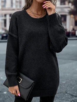 Plus-Size Women's Long Crew-Neck Knit Sweater 3 Plus‑size women's pullover sweater for autumn and winter, comfortable, skin‑friendly, stylish long crew‑neck sweater 3