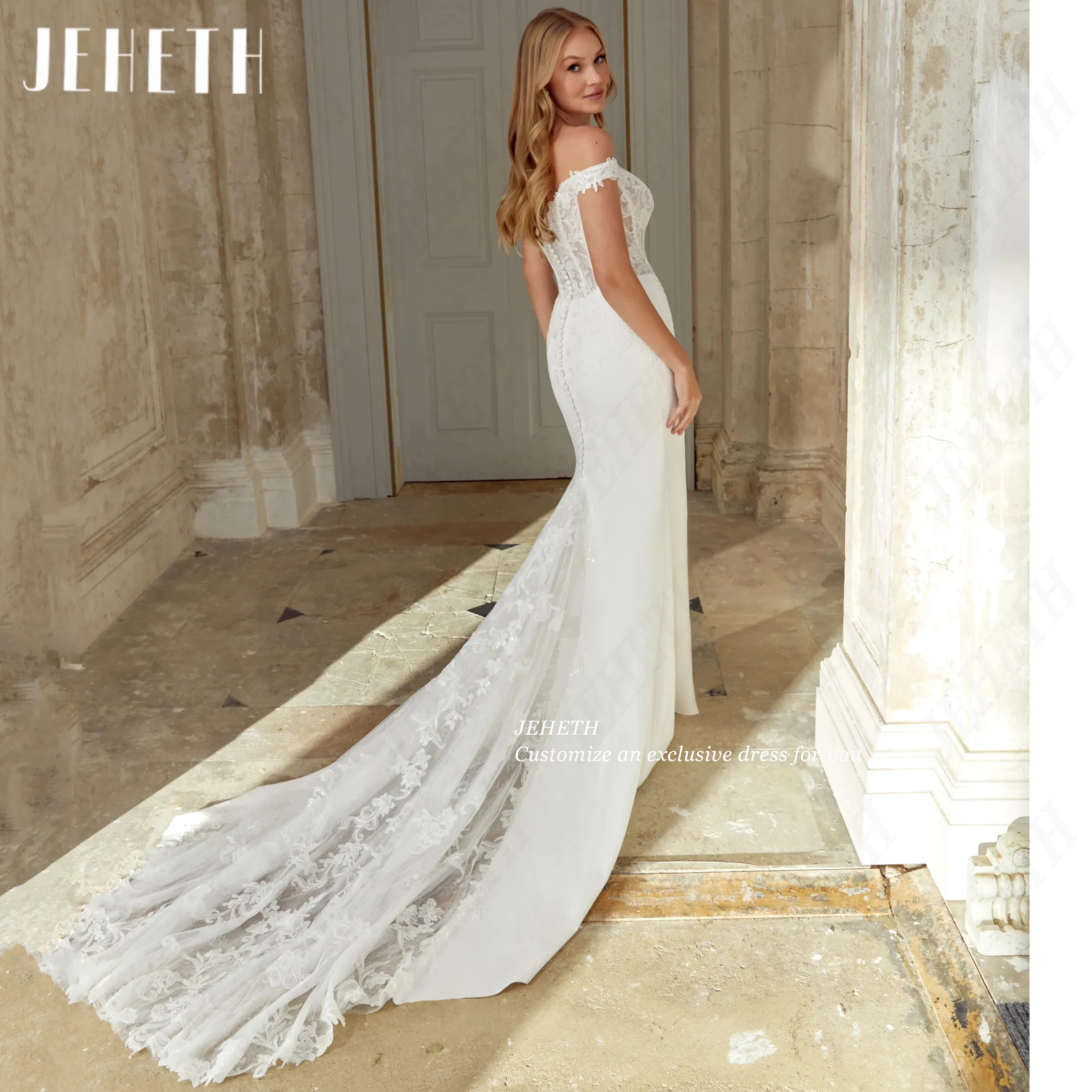 JEHETH Customized Lace Applique Illusion Wedding Dress Sheath Off Shoulder Formal Bride Gown Mermaid Sleeveless Bridal Dresses