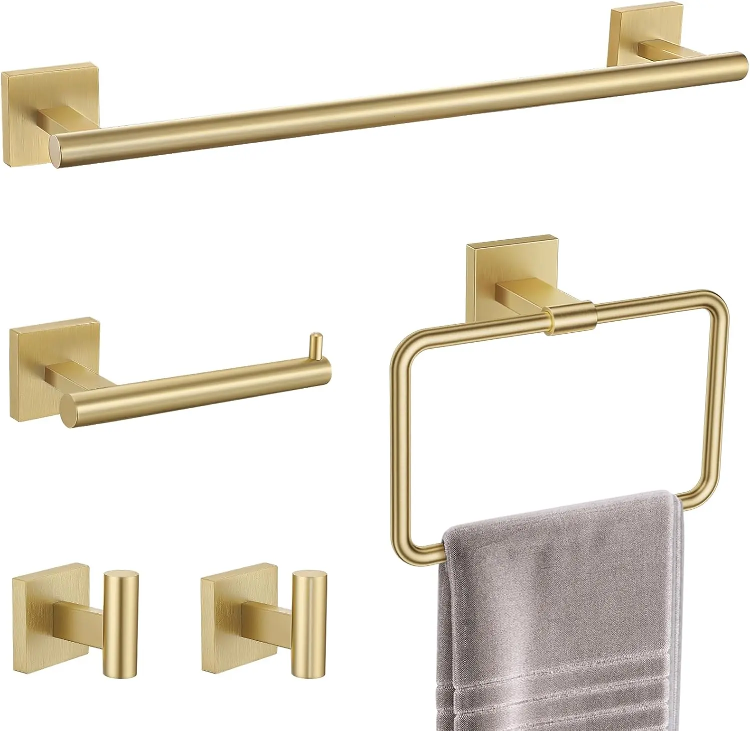

5-Piece Brushed Gold Bathroom Hardware Set with Towel Bar, Toilet Paper Holder, and Hooks
