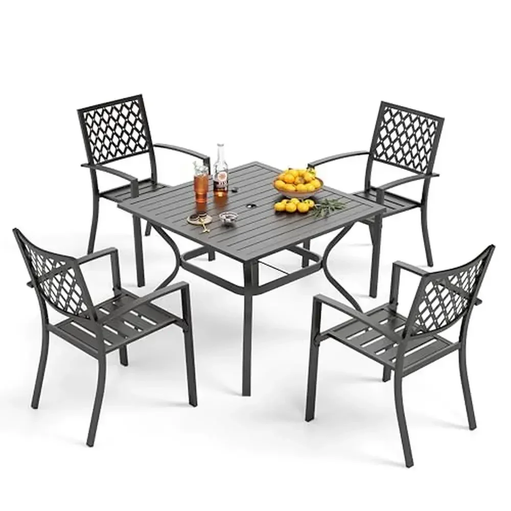 

Metal Patio Outdoor Dining Set 37" Square Table w/ Umbrella Hole & 4 Stackable Chairs Sturdy and Stylish Outdoor Furniture