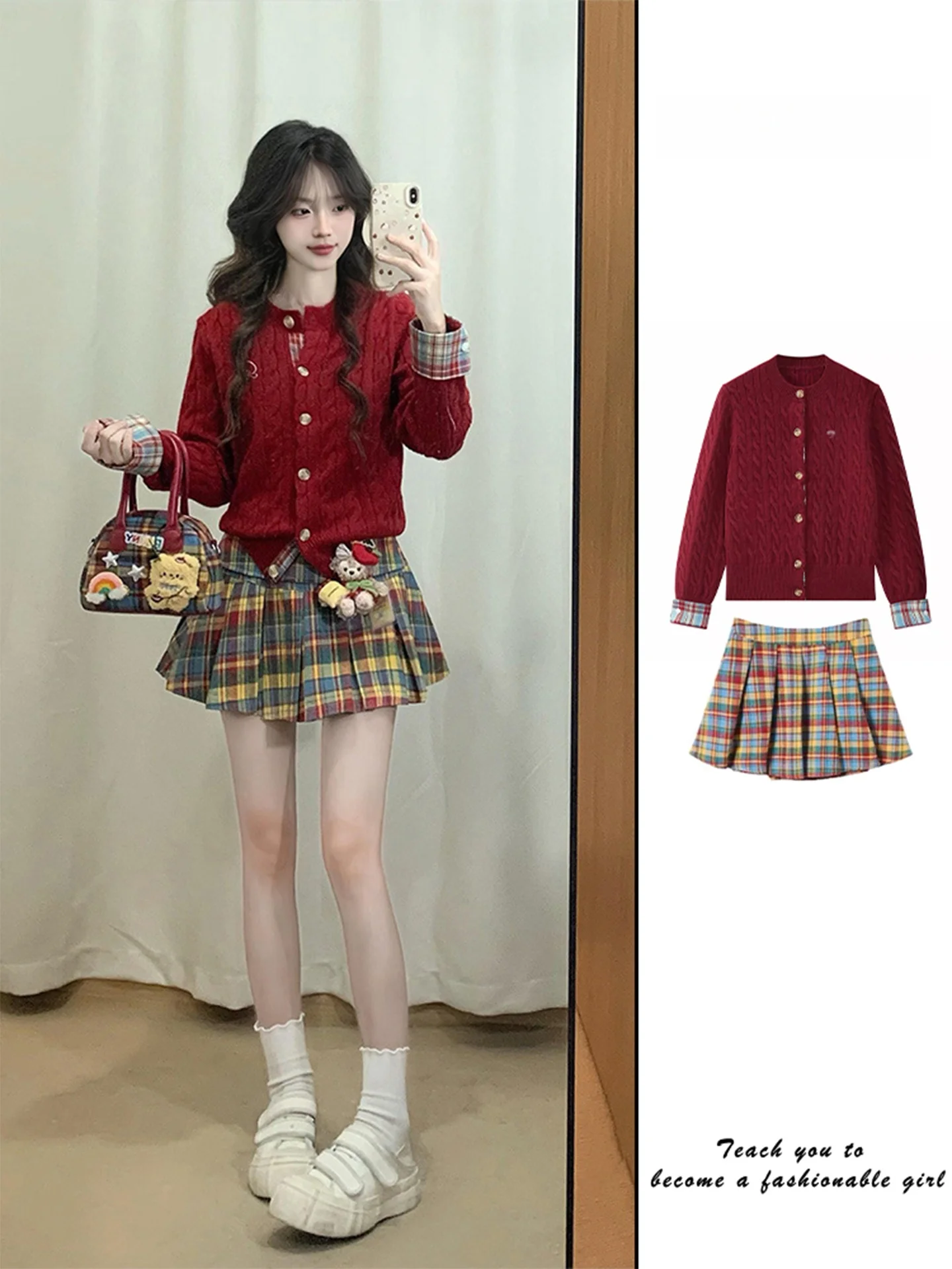 

Sweet Red Knitted Dress Set Women's Early Spring College Style High Waist Short Skirt Matching Top Retro Style Button Closure