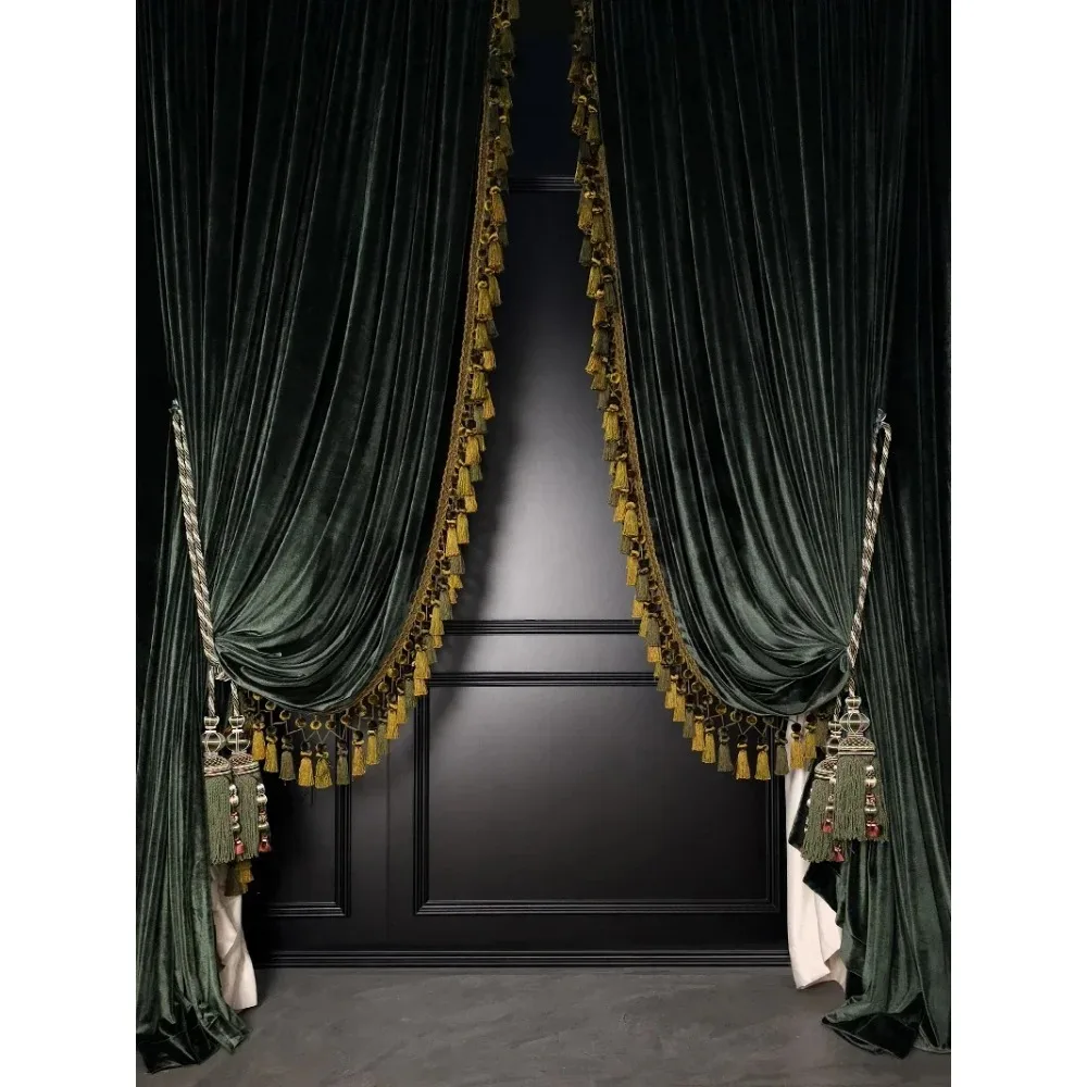 Luxury Retro Dark Green Velvet Tassels Thickened Blackout Curtains for Living Room Bedroom French Window Villa Customization