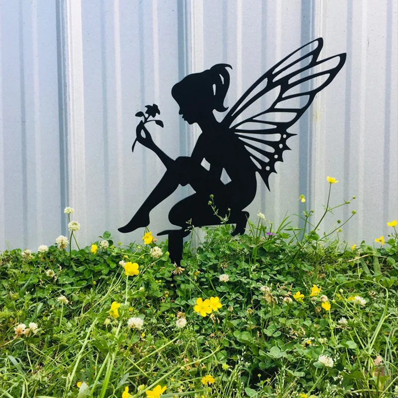 

CIFBUY Deco Fairy Silhouette Statue Metal Fairy Decoration Outdoor Garden Butterfly Flower Decor Metal Art Home Yard Patio Lawn