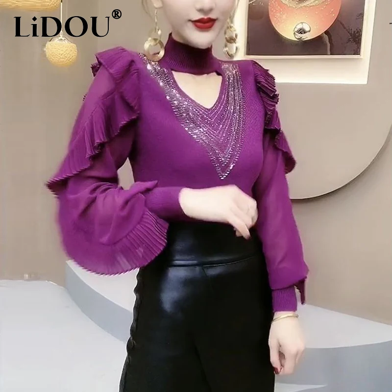 Spring Autumn High Collar Diamonds Ruffles Shirt Lady Long Sleeve Elegant Fashion All-match Pullover Top Women Hollow Out Blouse