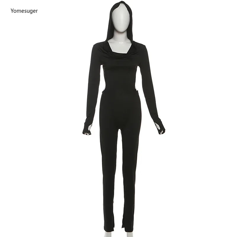 Yomesugar, осень 2022, женский черный комбинезон с капюшоном и длинными рукавами, открытой спиной, сексуальный эластичный узкий комбинезон без талии, полуночная клубная одежда