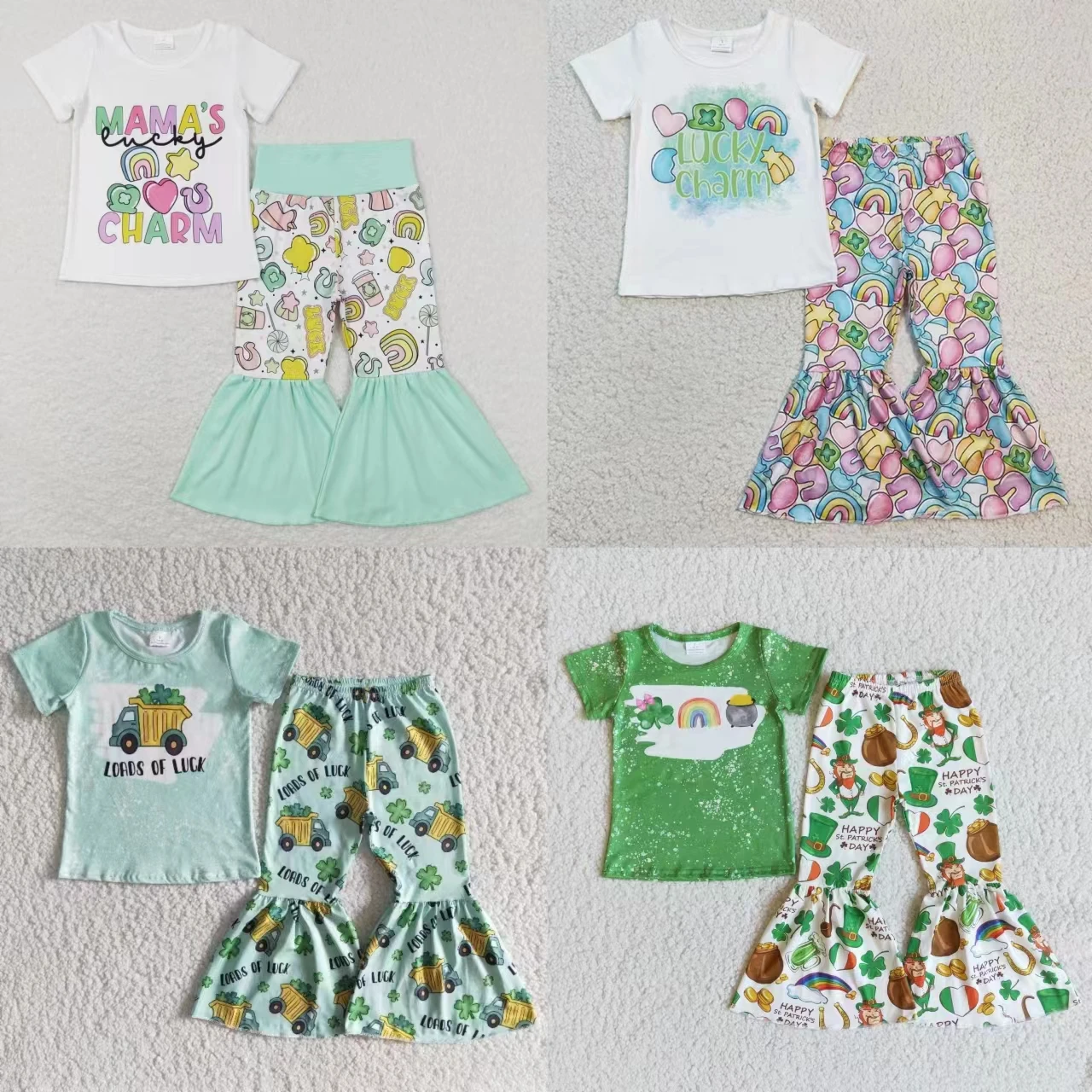 

Wholesale Baby Girl St. Patrick's Day Clothes Short Sleeves T-ShirtS Toddler Kids Clovers Bell Pants Outfit Children Green Set