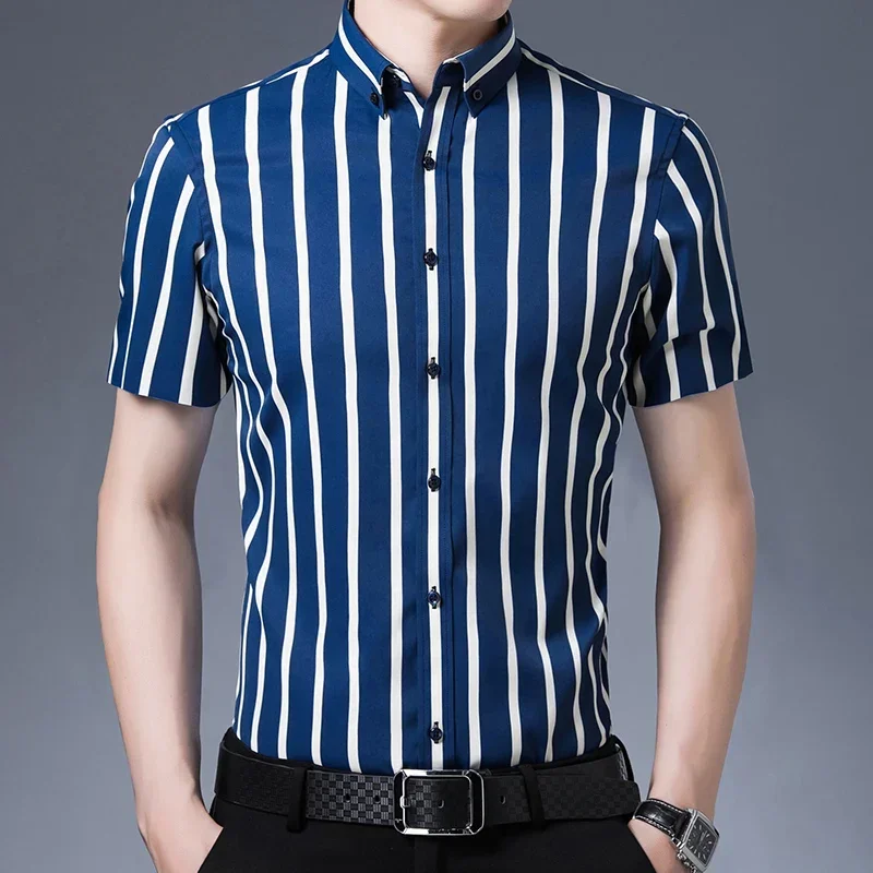 

TFETTERS Brand 2025 Formal Striped Shirt for Men Summer Business Slim-fit Shirts Men Casual Fine Plain Cloth Chemises Hommes