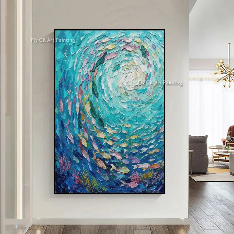 Abstract Sea Life Canvas, Swirling Colorful Fish in Deep Blue Ocean Vortex, Thick Hand Painted Vertical Oil Art