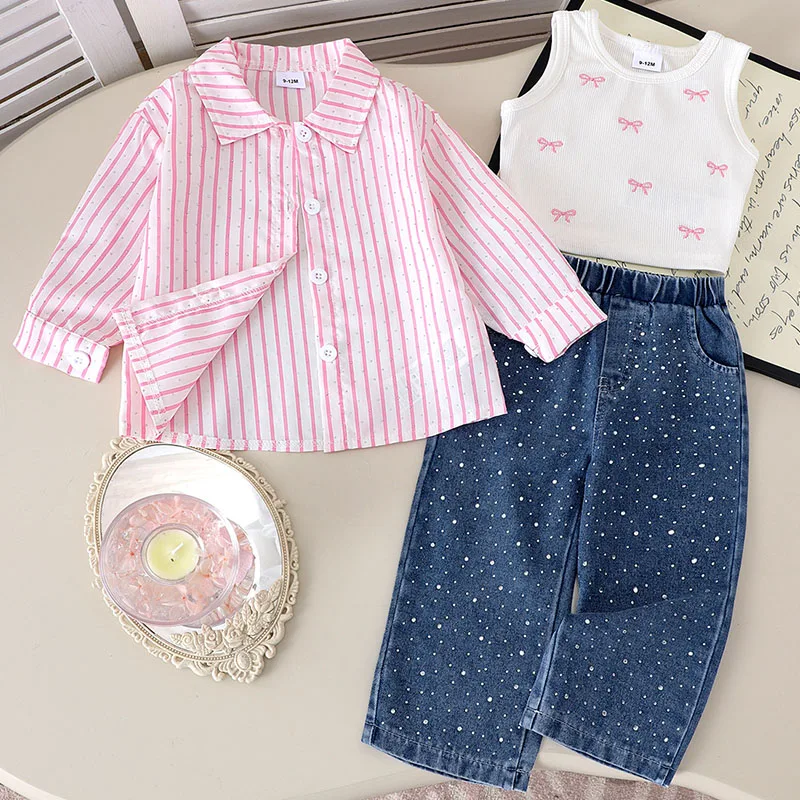 

3Piece Spring Summer Baby Girl Clothes 12 To 18 Months Korean Fashion Casual Stripe Long Sleeve Tops+Vest+Jeans Newborn Set B177