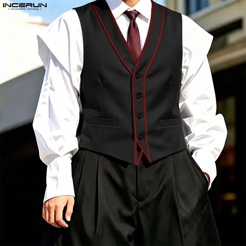Men's Vests V Neck Sleeveless Patchwork Color-block Streetwear Button Male Waistcoats Elegant Fashion Casual Men Clothes INCERUN