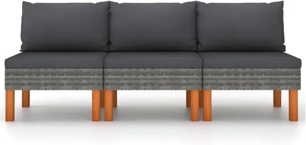 Patio Sofa 3 Piece Set, Outdoor Middle Sofas 3 Pcs with PE Rattan and Solid Eucalyptus Wood, Powder-Coated Steel Frame, Removabl
