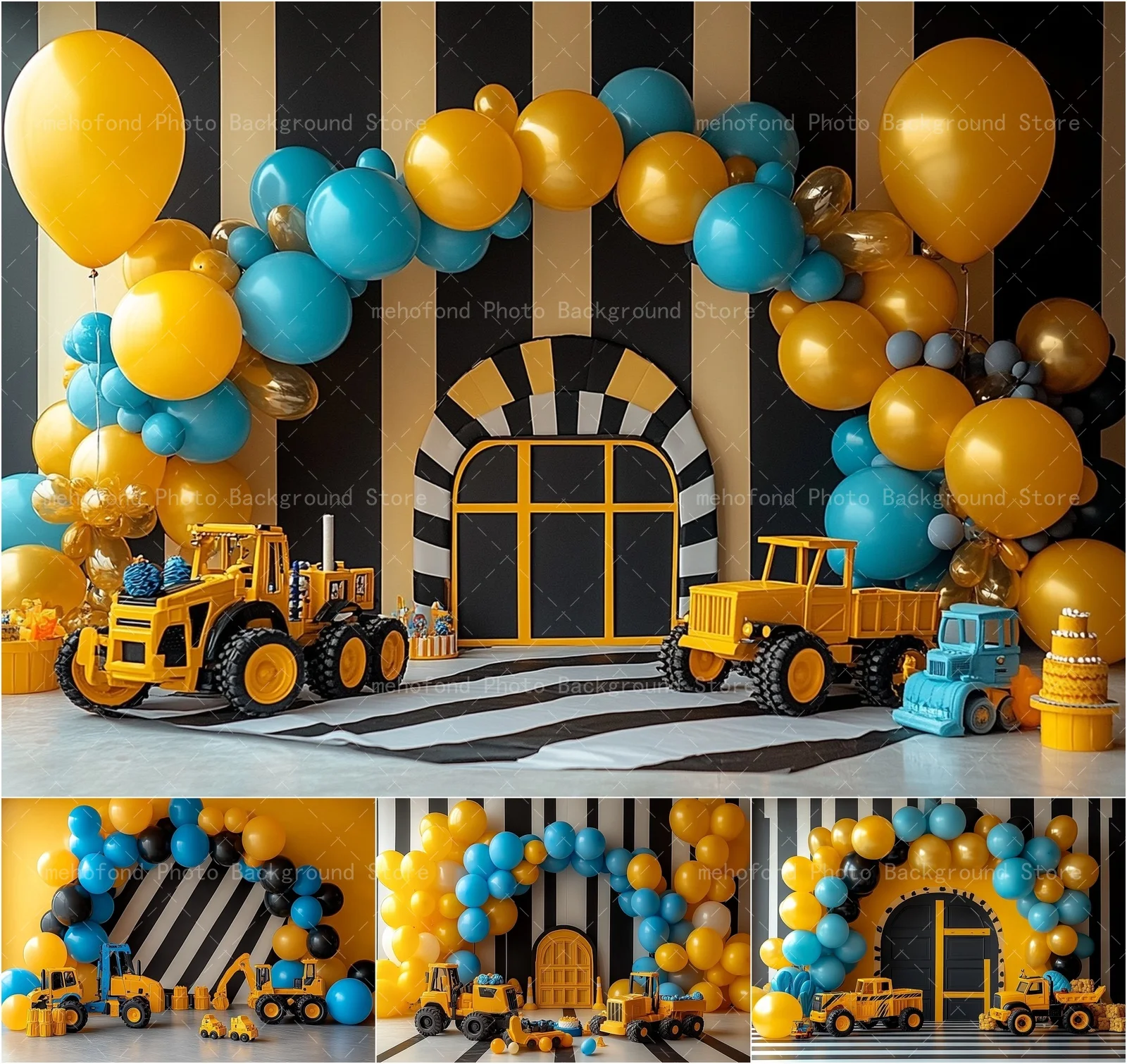 

Mehofond Childlike Excavator Balloon Arch Photography Background Striped Wall Cake Smash Kids Birthday Portrait Backdrop Decor