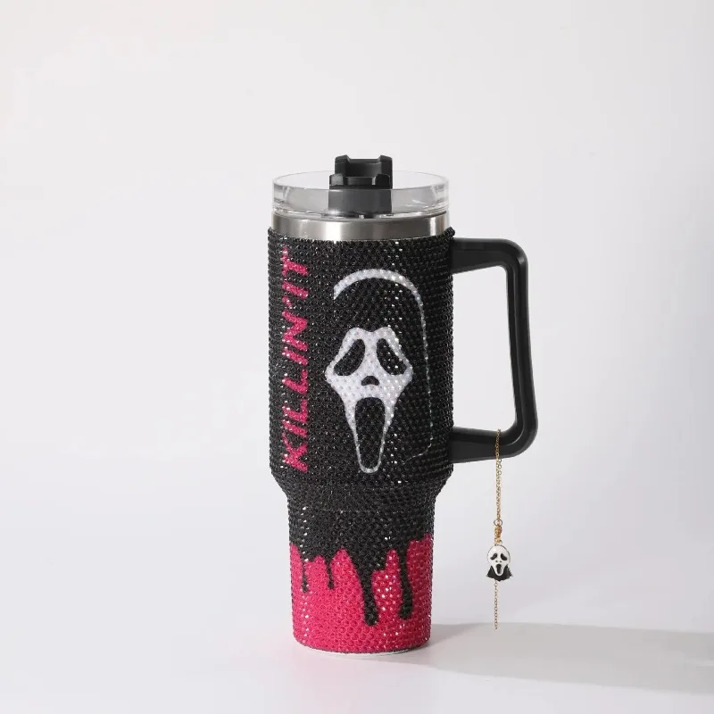 

1pcs 40oz Stainless Steel Tumbler Car Cooler Cup Rhinestone Jack O Lantern for Halloween Party Drink Holder for Vehicle