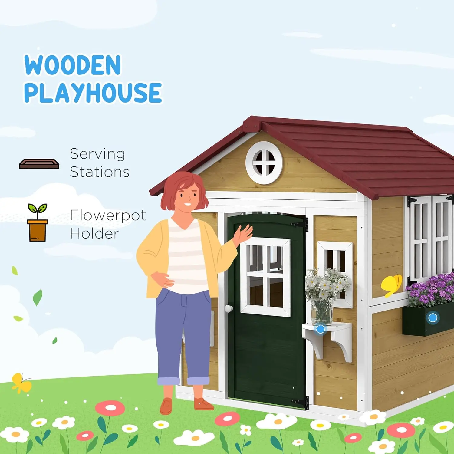 Outsunny Playhouse for Kids Outdoor, Wooden Playhouse with Doors, Windows, Planter Pots and Boxes for Toddlers 3-8 Years