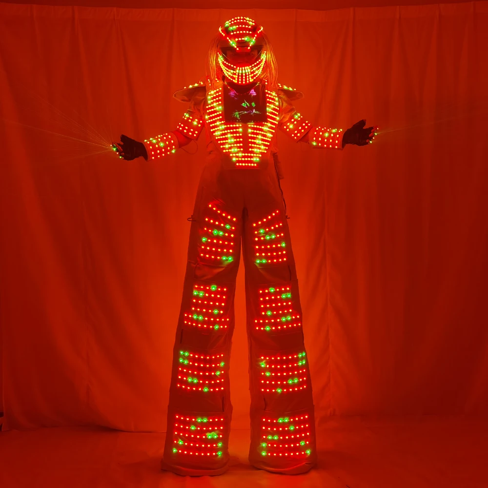 Pixels LED Robot traje disfraz ropa a todo Color pecho inteligente pantalla Stills andador láser guante casco