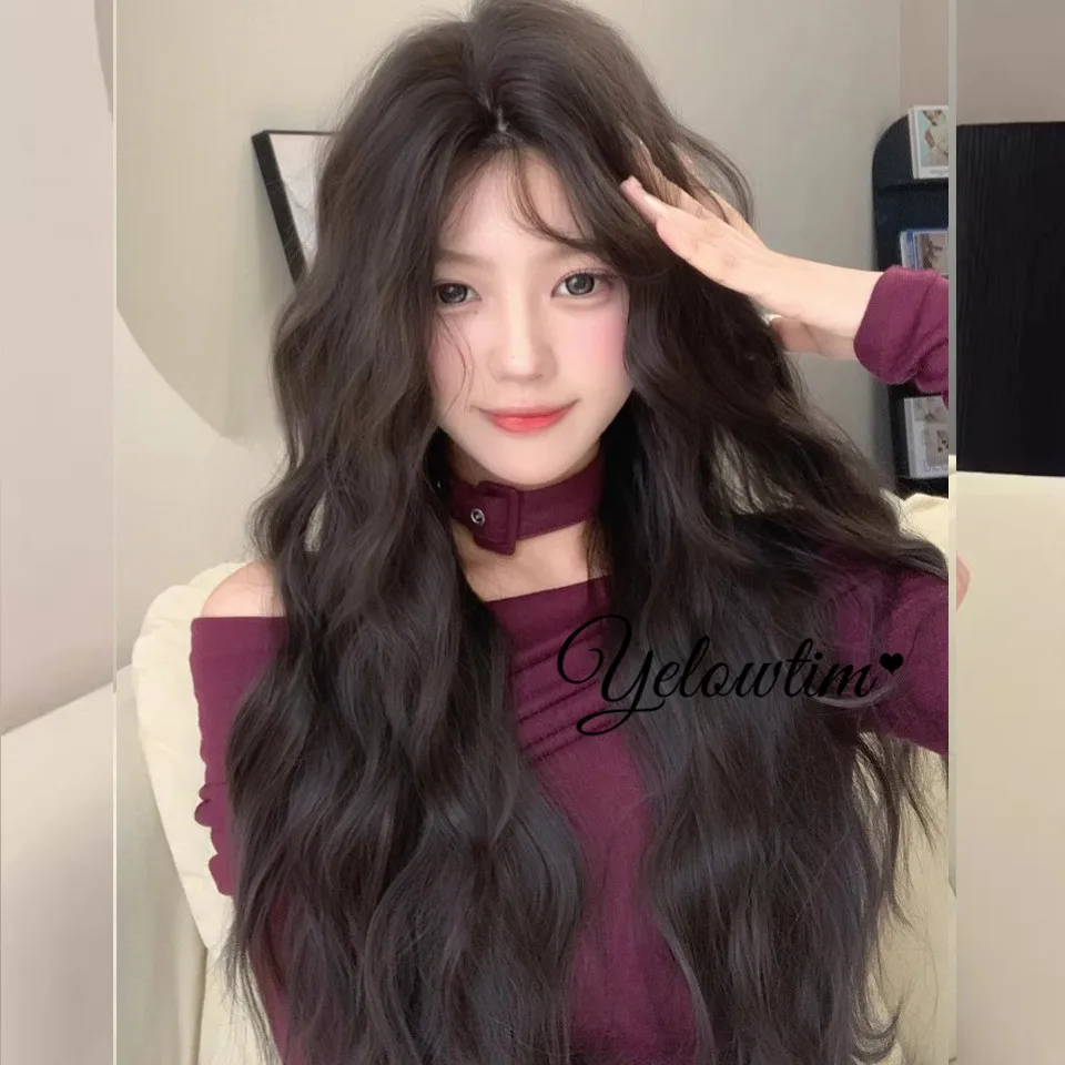 Synthetic Wig Brownblack Long Hair With No Trace Thin Breathable Split Forehead Lace eight character Liu Hai Ripple Women's Dail