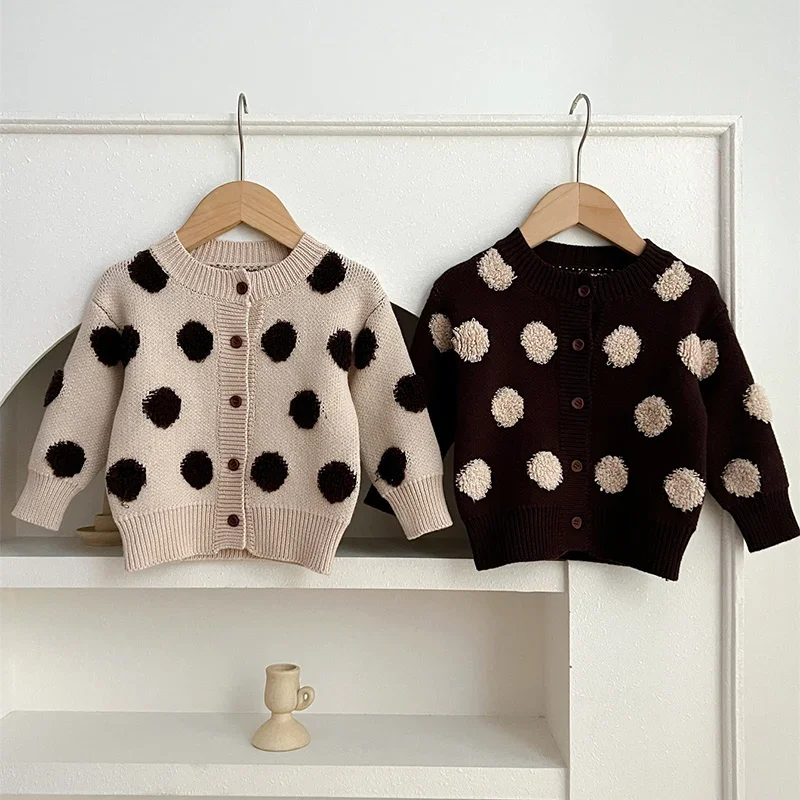 

2024 New Autumn Children Knitted Clothes Toddler Baby Girl Long Sleeved Dots Knitting Cardigan Newborn Baby Girls Sweater Coat