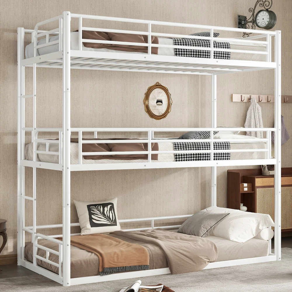 

Twin over Twin over Twin Metal Triple Bunk Bed with Safety Guardrails, Heavy-duty & Noise-reduced Design, White