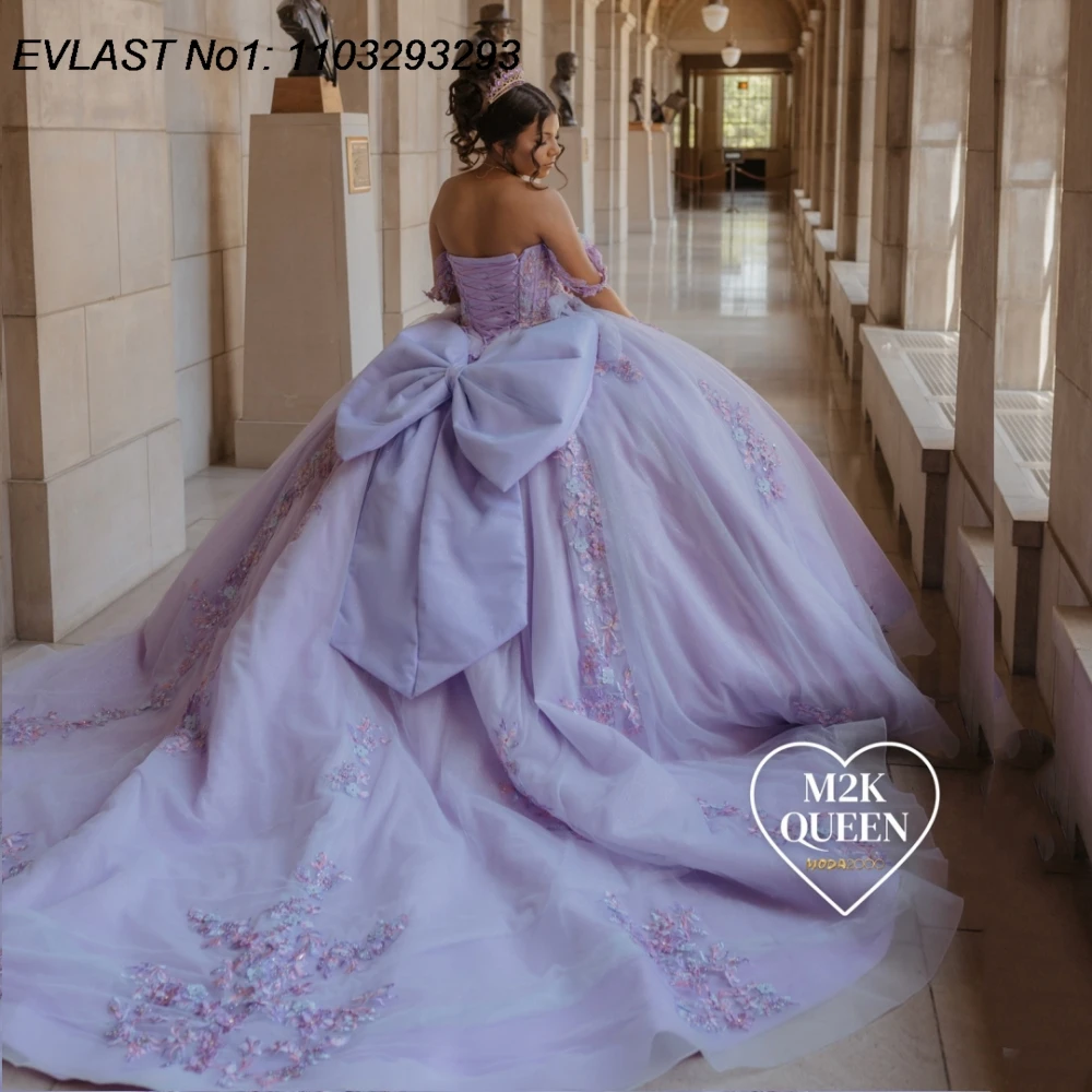 

EVLAST Customized Shiny Lilac Ball Gown Quinceanera Dress Lace Applique Beading Bow Sweet 16 Vestidos De 15 Anos E1QN308