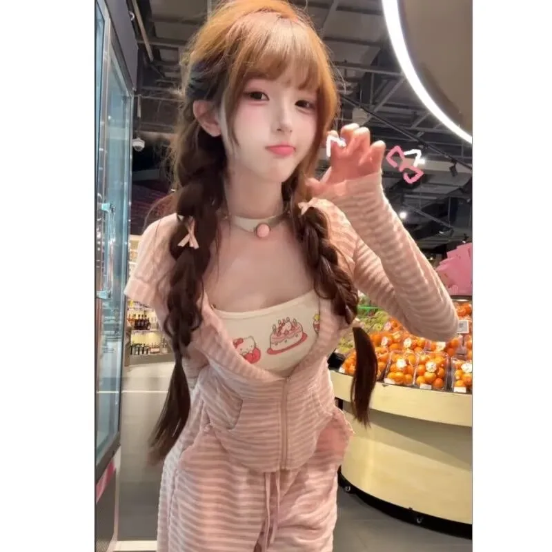 핑크 스트라이프 토끼 귀 후드 자외선 차단 가디건 캐주얼 캐미솔 재킷 가을 조끼 3종 세트 여자 신상 의류