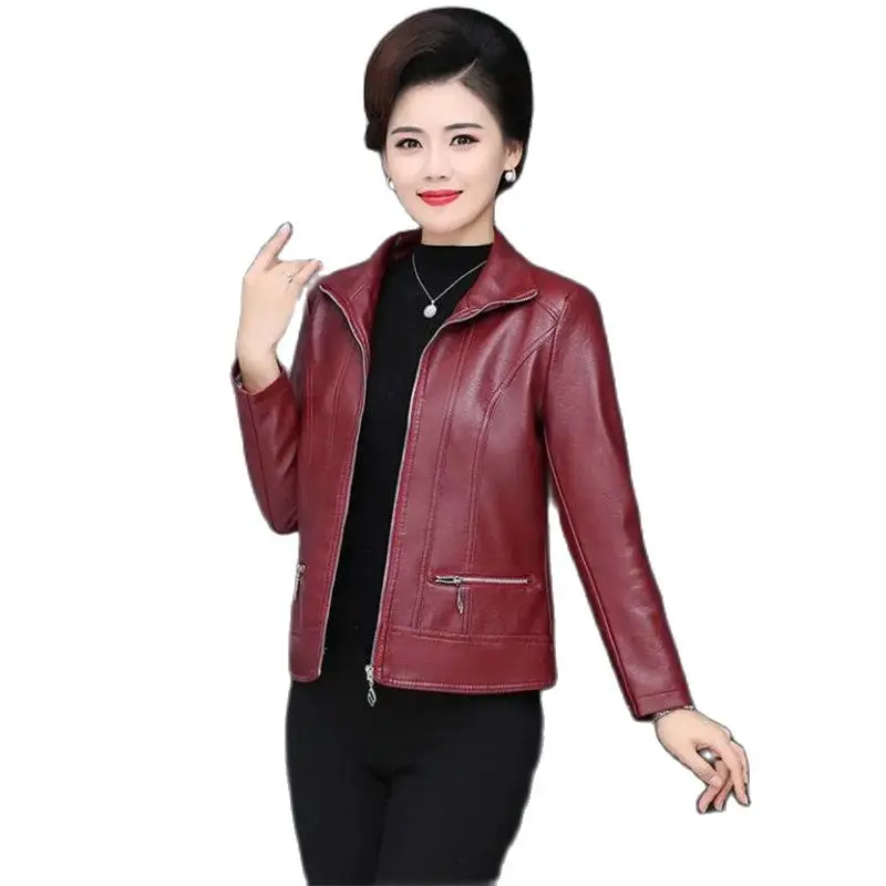 

Fashion Elderly Women's Leather Clothes 6XL Big Size Women's PU Pi Jacket New Spring Autumn Casual Jackets Female Outerwear Tops