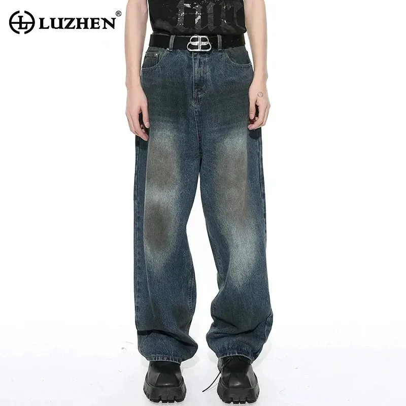 

LUZHEN Contrast Worn Out Male Jeans Baggy Niche Design Color Men Wide Leg Denim Pants Korean Fashion Trendy 2024 Autumn LZ5600