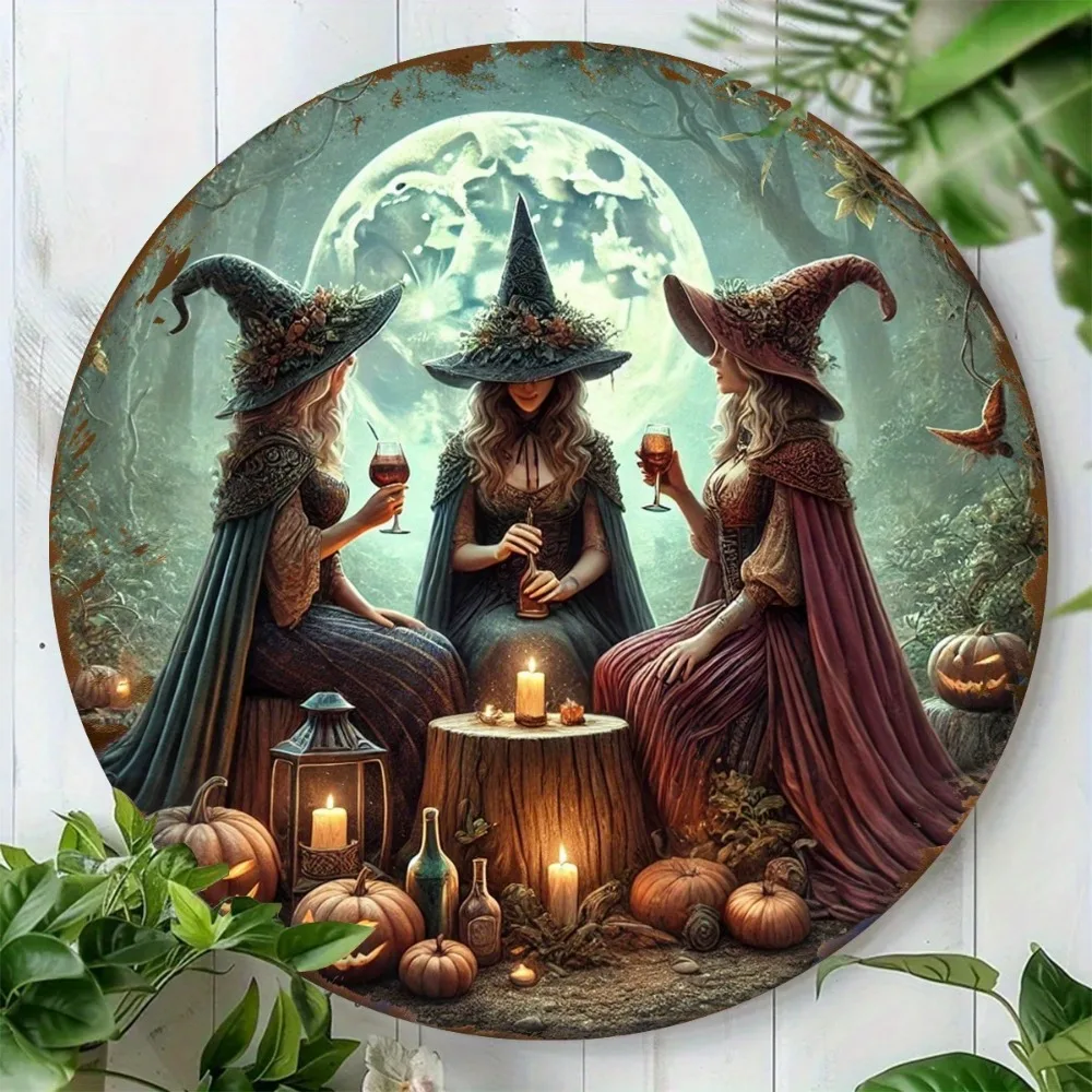 

Enchanting Witch Gathering, Round Aluminum Wall Art - Mystical Moonlit Scene with Three Witches, Halloween Decor & Gift Givin