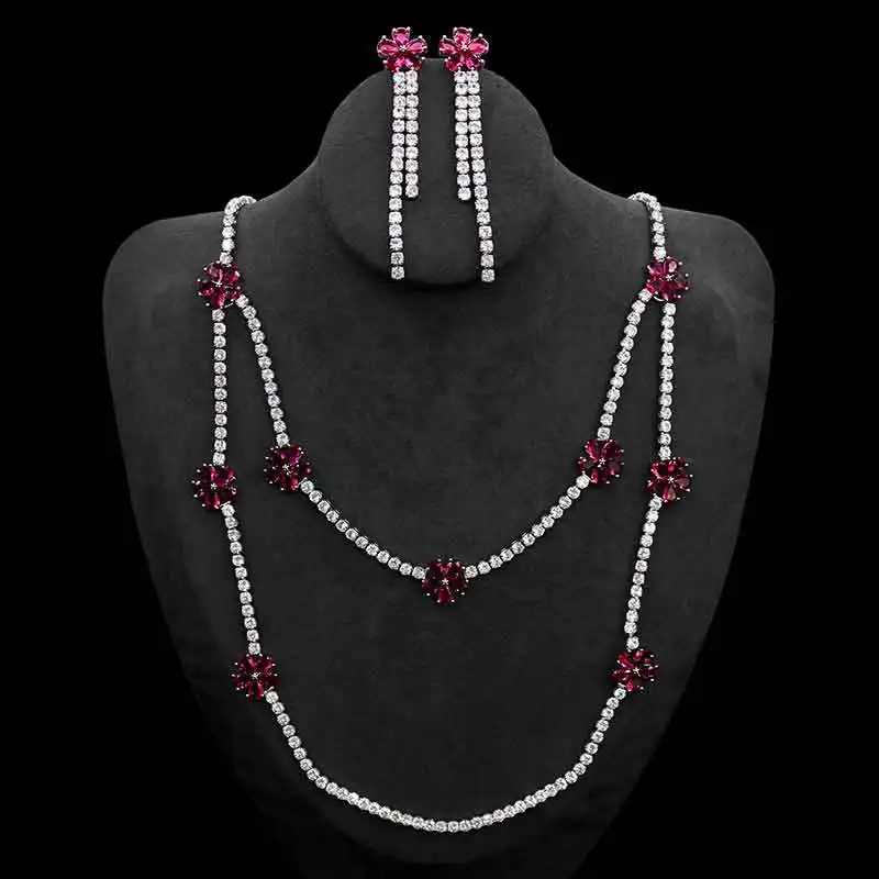 Zirconia Jewelry Set Double Deck Flowers Crystal Necklace Earring Set for Bridal Dress Accessories Party Gift