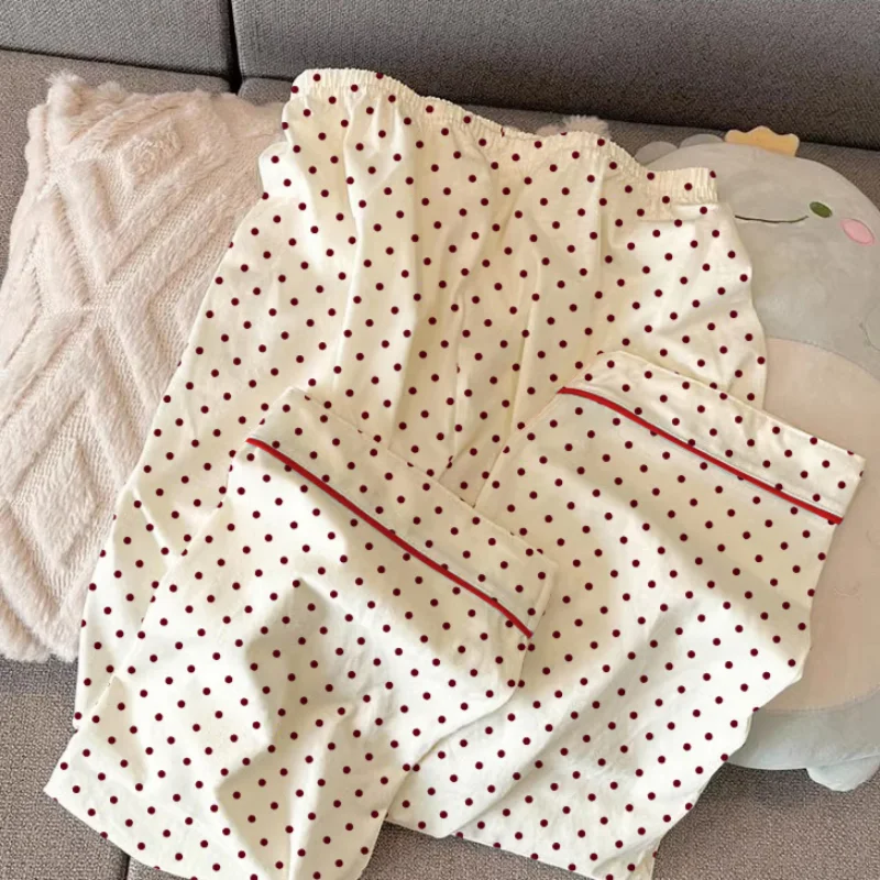 Sanrio Primavera e Autunno Hello Kitty Pigiama a maniche lunghe carino da donna Cartoon Polka Dot Cardigan con risvolto Set da casa