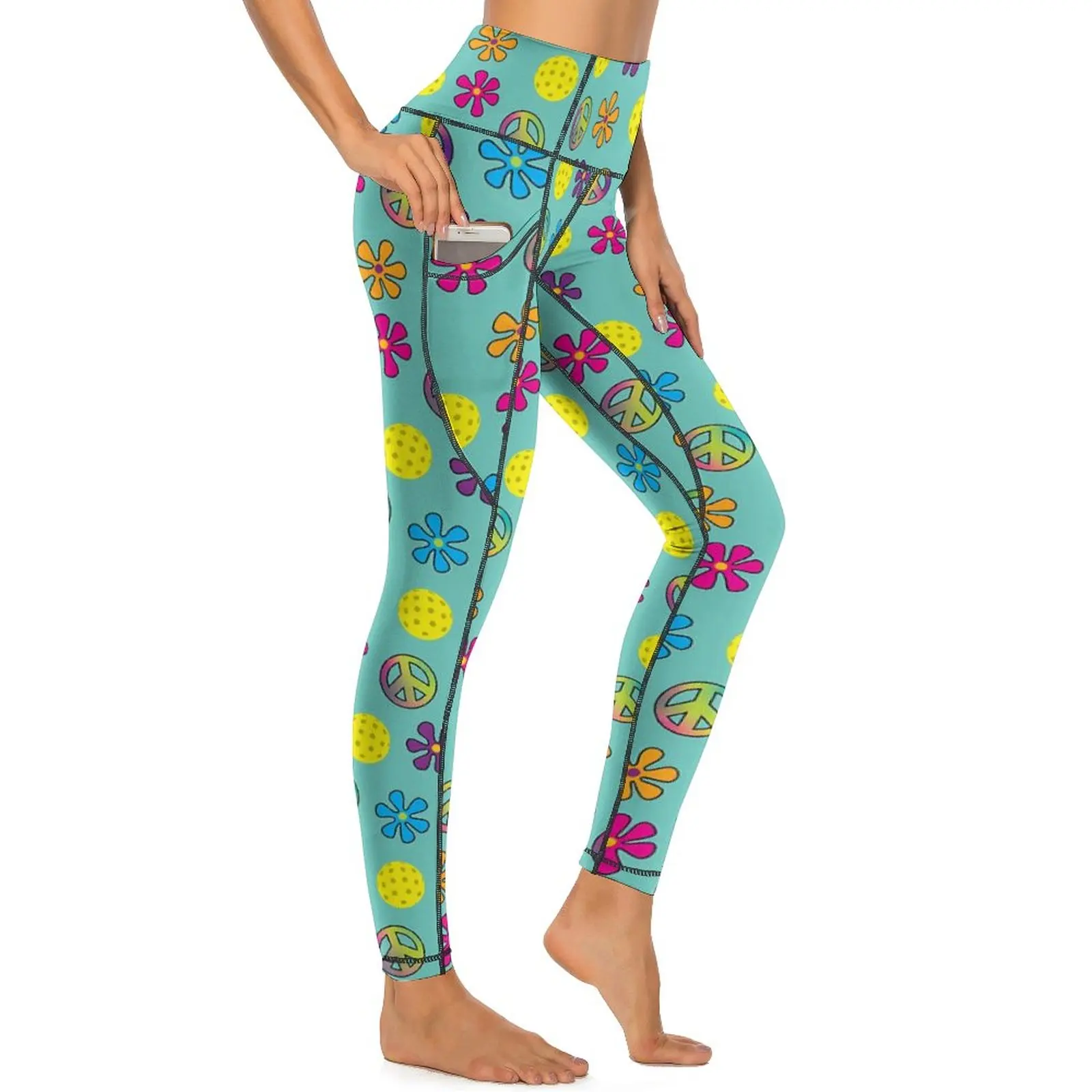 Peace Love Yoga Pants Pockets Pickleball Print Leggings Sexy Push Up Vintage Yoga Sport Legging Stretchy Design Workout Leggins