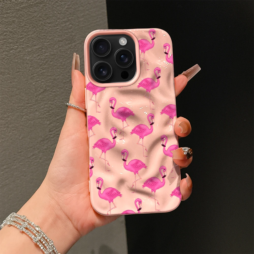 Cartoon Pink Flamingo Print Wave Pattern Soft Phone Cover For iPhone 16 15 14 13 12 11 Pro Max Shock Absorbing Anti-Scratch Case