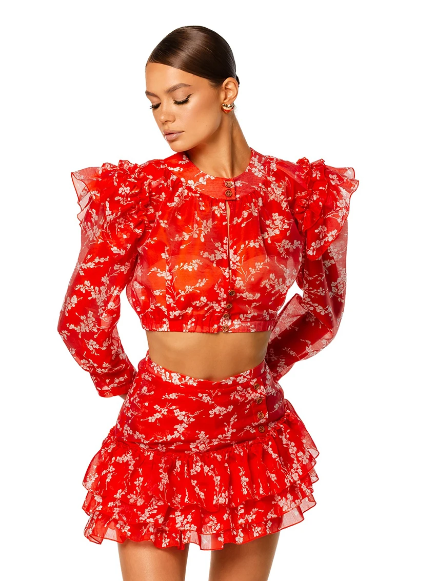 

Marthaqiqi Printing Female Pajamas Suit O-Neck Sleepwear Sexy Crop Top Nightie Long Sleeve Nightwear Skirts Women Nightgowns Set