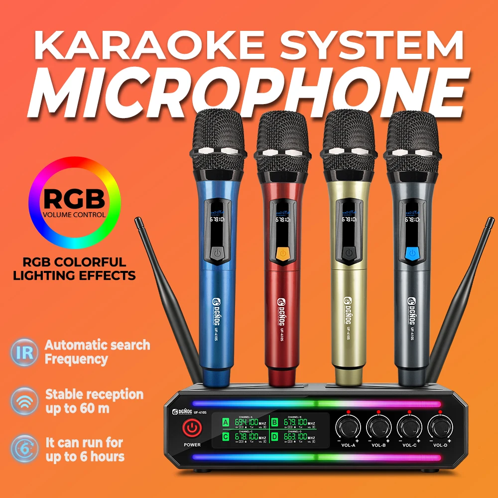 

Беспроводная микрофонная система UHF с 4 каналами, перезаряжаемый беспроводной ручной микрофон для караоке, церковных мероприятий, вечеринок, динамик DGNOG UF-410S