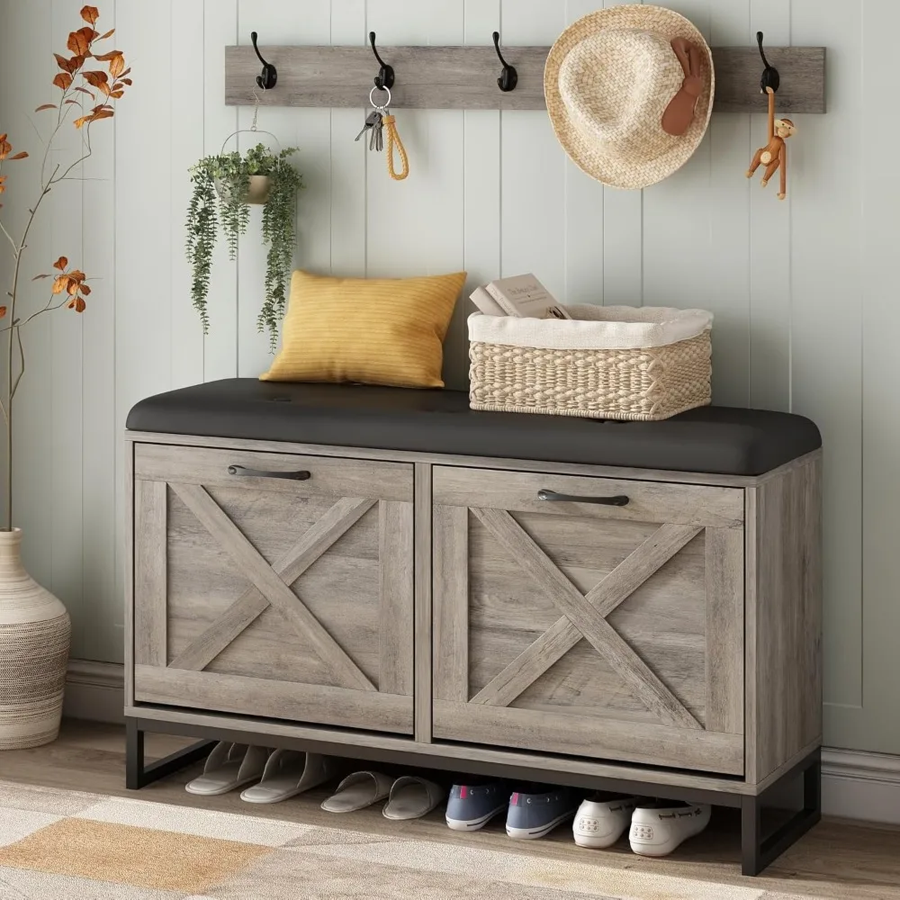 Shoe Cabinet with 2 Flip Drawers & Coat Rack, Shoe Storage Bench with Seat Cushion for Entryway, 5 Large Sturdy Metal