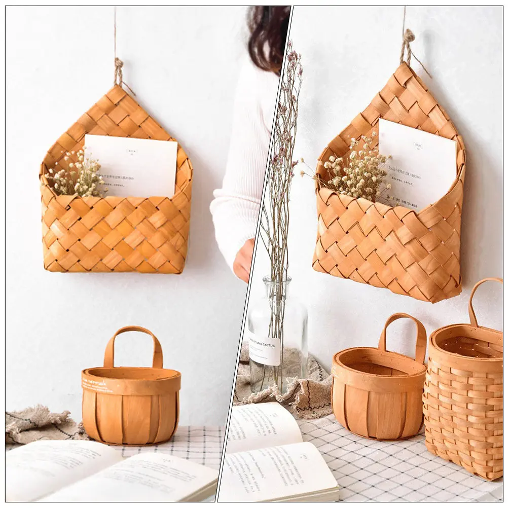 1Pcs Woven Wood Wall Storage Basket Khaki Hanging Flowerpot Wall Holder Decor Plant Container Home Office Wood Woven Basket view 4