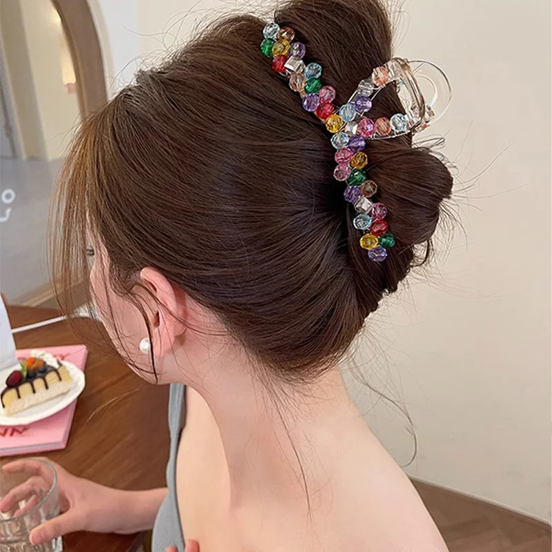 Colorful Crystal Handmade Beaded Hair Claw Clips 2023 Korean Large Charm Colorful Pearl Hairpin Hair Accessories for Women