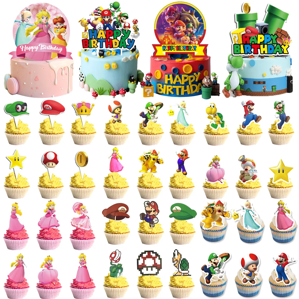 Super Bros Theme Birthday Party Decoration Marios Peach Princess Cake Topper Tableware Paper Cup Cake Decor Baby Shower Supplies