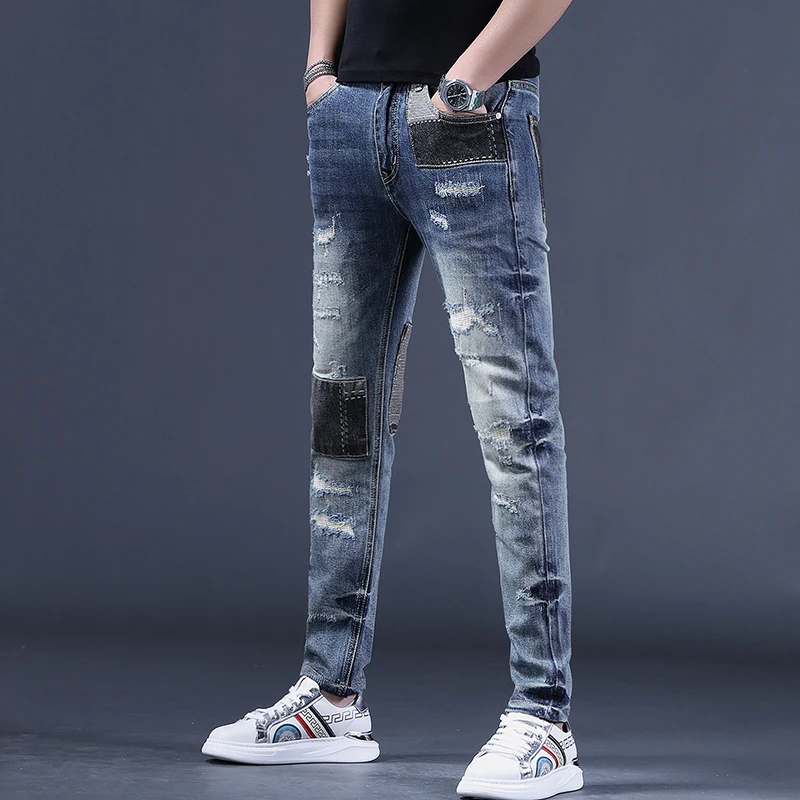Summer Blue Ripped Patchwork Jeans Men Casual Slim Fit Straight Pants Streetwear Denim Trousers