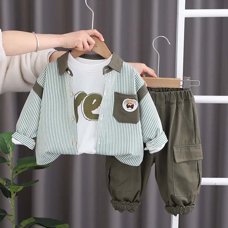 Spring Autumn 2024 Kids Boys 3PCS Clothes Letter Printed Tops Striped Polo Shirts Solid Pants Suit Toddler Boys Outfits