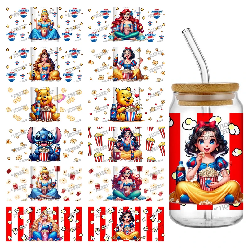 21 nuevos diseños Disney Princess Movie Time 16oz UV DTF pegatinas 3D envolturas latas de vidrio tazas artesanía creativa regalos DIY