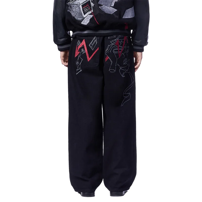 Y2K جينز هيب هوب فضفاض خط تجريدي أحمر البرق جرافيك شارع العليا مستقيم الساق جينز موضة الرجال النساء ملابس الشارع الشهير غير رسمية