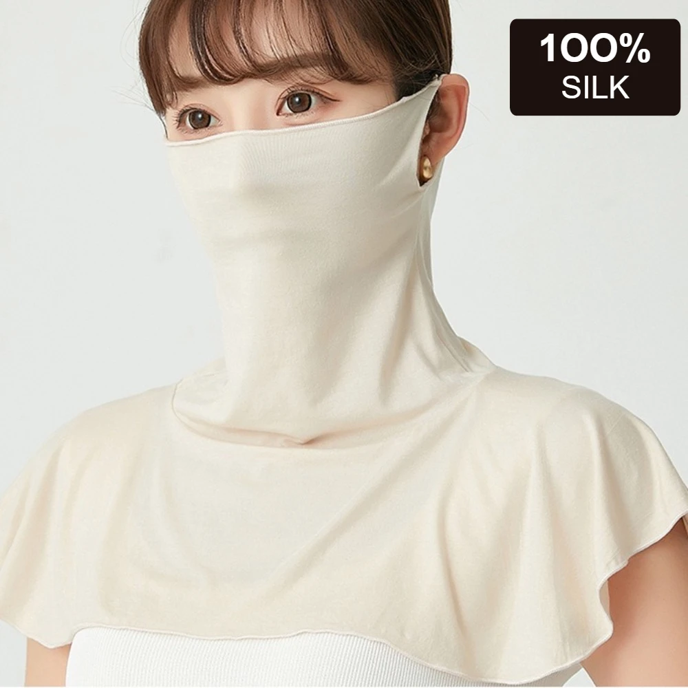 夏用100-シルク日よけフェイスマスク、通気性抜群、快適な女性用ネックスカーフ、耳掛け付きフェイスカバー、uvカットマスク
