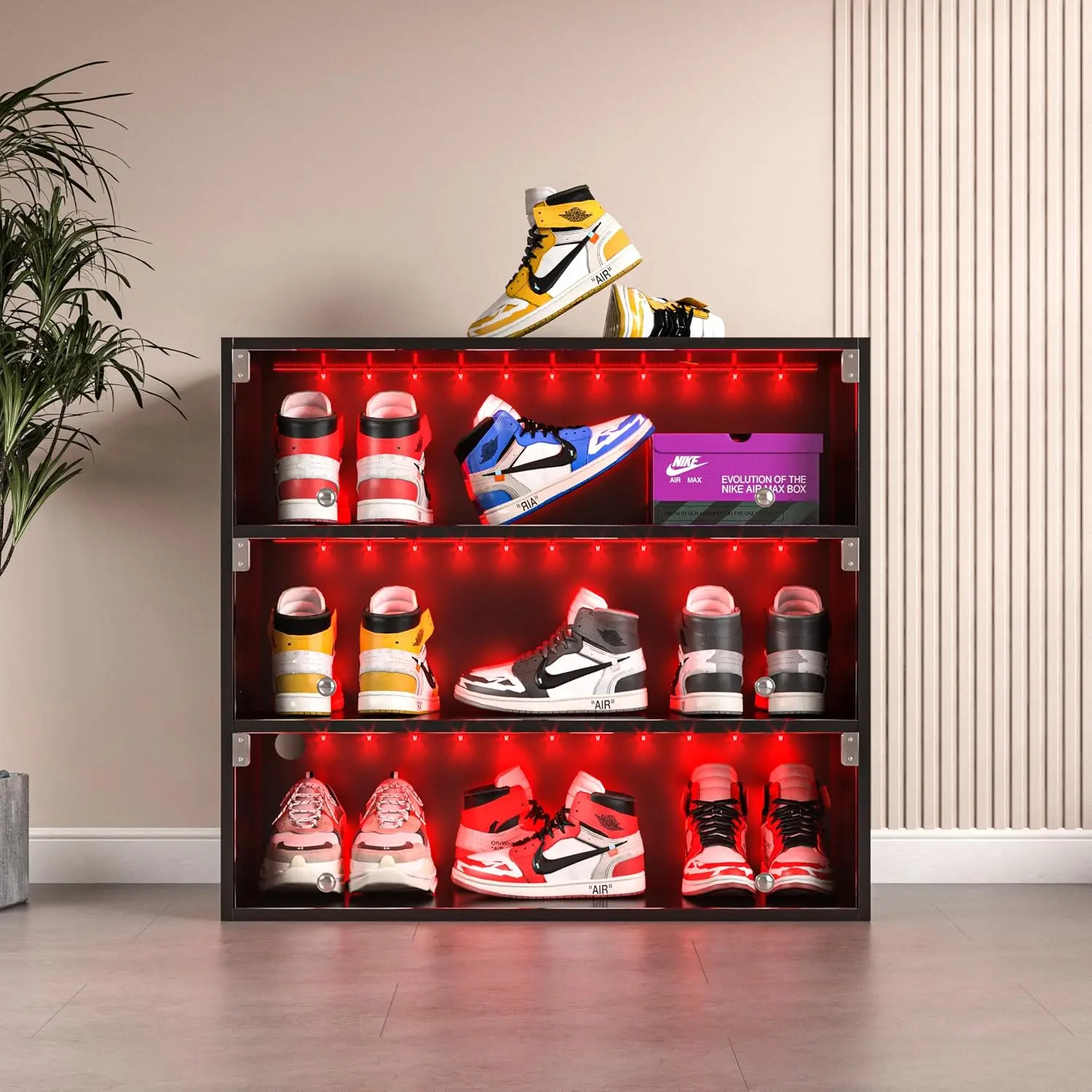 LED Light Glass Door Shoe Box, 3 Tiers Stackable Storage, Display Cabinet APP Control, Sneaker Organizer Black, Customized